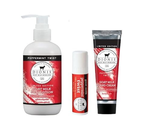 Dionis - Goat Milk Skin Care Peppermint Twist Scented Lotion (8.5 oz) and Hand Cream & Lip Balm Set (1 oz and .28 oz) Bundle - Made in the USA - Cruelty-free and Paraben-free
