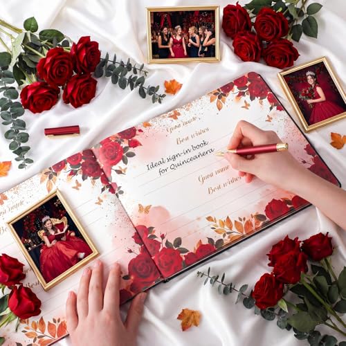 Image of MotiMind Quinceanera Guest Book with Pen 11 x 8 Inch Libro De Firmas Para 15 Anos Quinceanera Leather Hardcover Signature Guest Sign in Book for 15th Party Favors Decoration (Red,Bright)