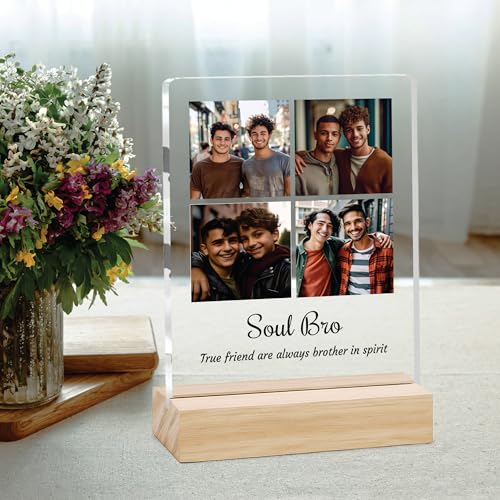 Image of Giftplease Customized Photo and Text Frame with Wooden Stand | Personalised Printed Photo Frame | Gift for Brother | Birthday | (Transparent, 5MM, 6 * 8 Inches), Tabletop BG 14