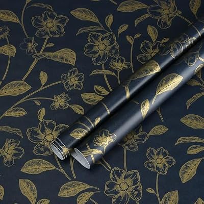Heroad Floral Wallpaper Peel and Stick Navy Blue and Gold Contact Paper Boho Wallpaper Peel and Stick Modern Clearance Contact Paper for Cabinets and Drawers Waterproof Self Adhesive 17.3" x 78.7"