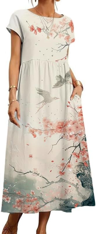 Boho Maxi Dress Floral Cap Sleeve High Waist Smocked Flowy Casual Church Summer Long Womens Tshirt Dress