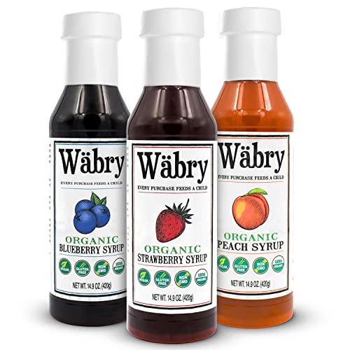 Image of Wabry Organic Fruit Syrup - 3 Pack, Strawberry, Blueberry and Peach Syrups for Drinks, Pancakes, Tea, Shaved Ice & Ice cream, Dye-Free, Non-GMO Natural Fruit Snow Cone Syrup, BPA-Free Plastic Bottle