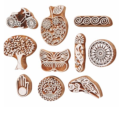 Image of Hashcart | Set of 10 | Handmade Multi Shapes & Religious Wooden Printing Blocks for Scrapbooking | Kids Project | Art Craft | Stamps for Tattoo Print | Project Making