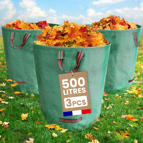 SKYLANTERN Lot de 3 * 500L Sacs de Déchets Jardin Résistants en Polypropylène – Sacs Poubelle Extérieurs avec 3 Poignées Renforcées pour Déchets Végétaux – Utile pour Déchets et Recyclage