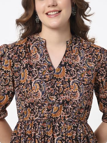 Image of PIDAVLIYA'S Women's Floral Summer Maxi Dress I Cotton Printed I One Piece Bodycon Midi Dress with V-Neck, Puffed Sleeves