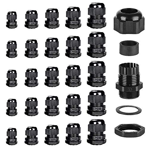 25 presse-étoupes étanches, ARPDJK réglable 3-14 mm en plastique IP68 presse-étoupe assortis, connecteurs de presse-étoupe noirs, PG7, PG9, PG11, PG13.5, PG16