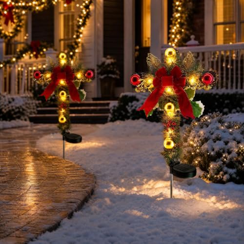 Cross-shaped Solar Lights Outdoor with Bow, Solar Christmas Garden Lights - image 5