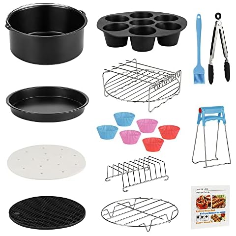 Air Fryer Accessories Set, 13pcs Air Fryer Accessory Kit for Most 3.8-5.5L Air Fryers with Recipes, Cake Pan, Pizza Pan, Stainless Steel Air Fryer Rack with 4 Skewers, Toast Rack, Egg Bites Mold etc Cover