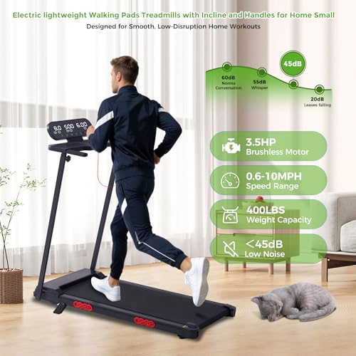 Image of Walking Pad Treadmill with Handle Bar, 3.0HP Portable Electric Treadmills for Home Exercising, 0.6-7.6MPH Mini Walking Pad Treadmill with Incline, Small Under Desk Treadmills for Home Small, 350LBS