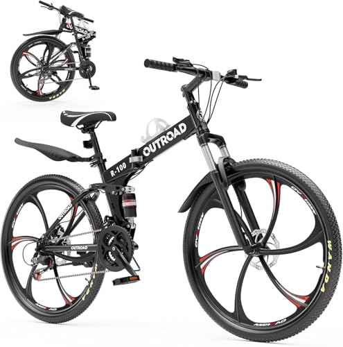Max4out 26 Inch Folding Mountain Bike, 21 Speed Full Suspension Bicycle with High-Carbon Steel, Dual...