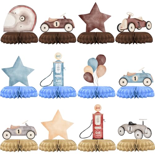 Vintage Race Car 1st Birthday Honeycomb Centerpieces 12 Pack, Race Car First Birthday Decorations, Boy First Birthday Race Car Theme Party Table Centerpieces, Retro Racing Party Supplies