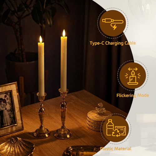 Image of Rechargeable Flameless Timer Remote Taper Candles, 2pcs 0.86 inch x10 inch LED Flickering Dripping Wax Window Tall Fake White Plastic Candlesticks(USB Charging Cable Included)