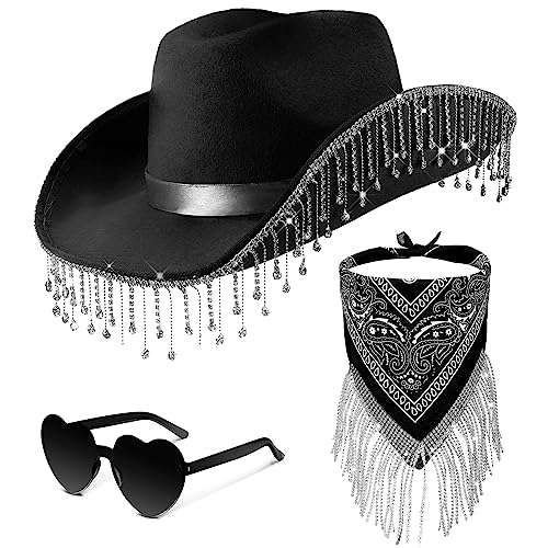 Leumoi 3 Pcs Rhinestone Cowgirl Hat with Fringe Rhinestone Bandana and Heart Sunglasses Bling Diamond Fringe Cowboy Hat (Black)