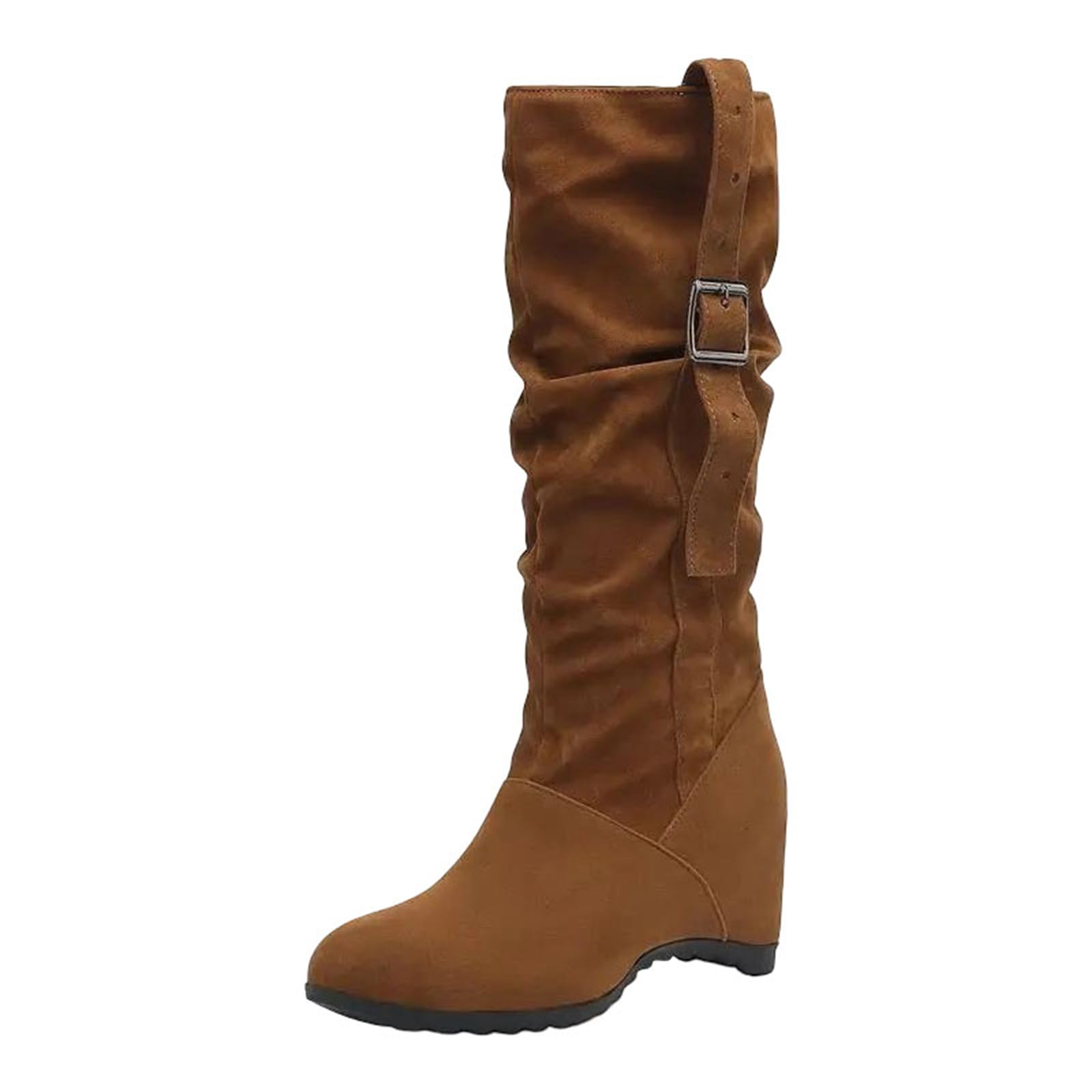 Womens Height Increasing Knee-High Boots With A Round Toe And A High Heel Featuring A Slip-On Design With
