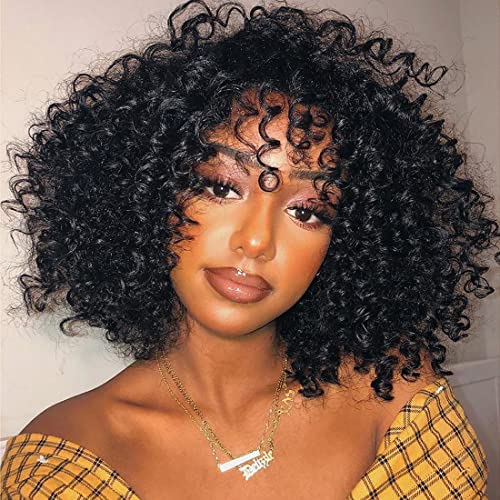 UNICE Bouncy Curls Short Human Hair Wigs with Bangs Glueless Pixie Cuts Wigs for Women 10 inch