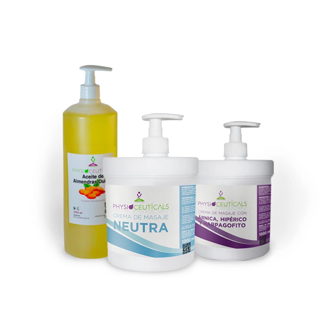 PHYSIOCEUTICALS - Pack Ahorro Fisioterapia 3x1000ml - Aceite Almendras Dulces + Crema Árnica-Hipérico-Harpagófito + Crema Neutra - Kit Completo Masaje Profesional