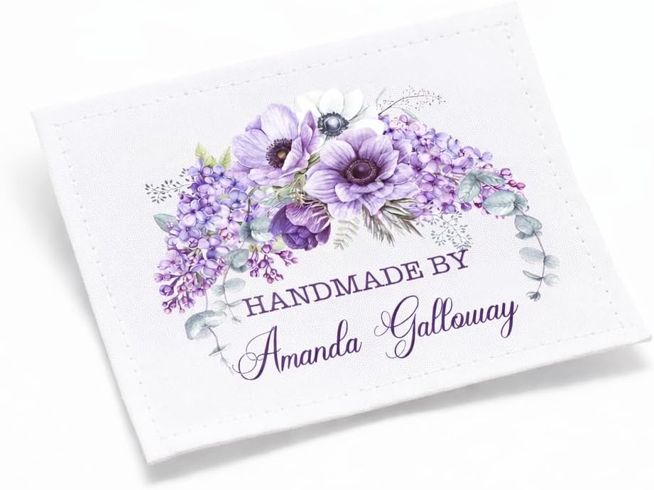 Personalized Floral Quilt Labels – “Handmade by” Custom Label with Name – Purple Flower Fabric Labels – Cotton or Polyester – 2 x 2.5 Inch – Sheet of 9 – Jammin’ Threads