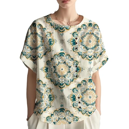 2025 Summer Linen Boho Shirts for Women Floral Print Blouse with Button Round Neck Short Sleeve Relaxed Draped Tops