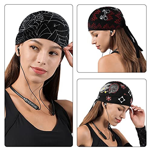 Docila Black Cotton Do Rags For Women Men Trendy Spider/Feather/Flame Helmet Liner Hat Adjustable Pirate Head Scarf Bandana Beanie Cap #TOP1