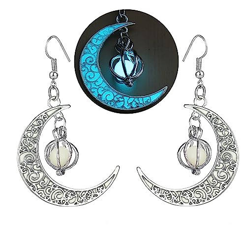 EEQQBZ Glow in The Dark Silver Crescent Moon Earrings - Glowing Blue Moon Charm - Magical Fantasy Fairy Glowing Earrings - Glow Jewelry