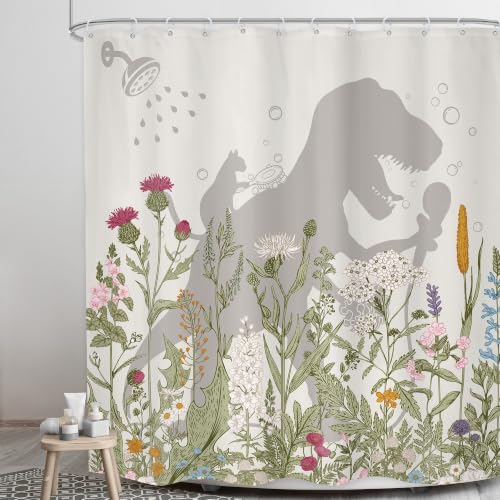 Image of Kids Dinosaur Cute Cat Wildflower Boys Bathroom Shower Curtain Set