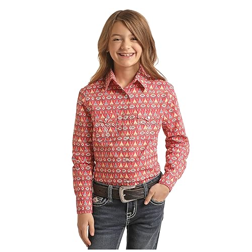Panhandle Girls' Red Teepee Print Long Sleeve Snap Shirt