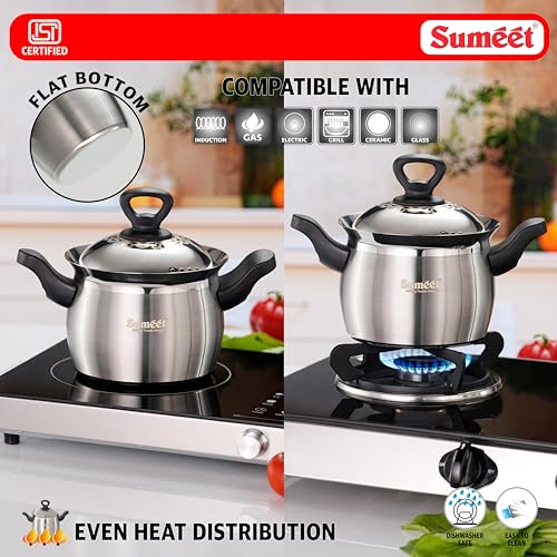 Image of Sumeet ISI Certified Stainless Steel Cook & Serve Pineapple Shape Handi /Cooking Pot with Steel Lid |Induction and Gas Compatible | Capacity - 2000ml -Dia - 17cm, Silver