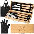 Acellegic 8 Pcs Dad Gifts from Daughter Son Men Grilling Birthday Gifts Heavy Duty Wooden Grilling Accessories BBQ Tools for Outdoor Grill with Wooden Case, Apron and Oven Mitts for Dad Men Husband