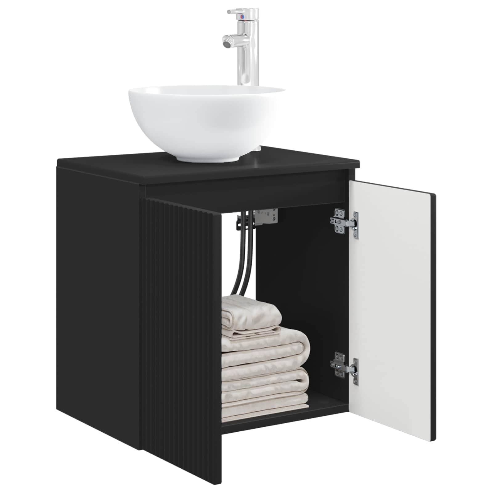 Lavabo da parete nero in legno 49,5 x 35 x 63 cm con scarico rapido, vano portaoggetti, montaggio per mobili da bagno ospiti WC e bagno ristrutturazione