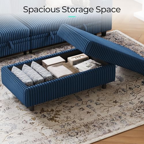 Image of LINSY HOME Sectional Sleeper Sofa Storage Ottoman Bench, Convertible Coffee Table Plush Corduroy Couch Ottoman Footstool for Living Room, Bedroom Entryway and Family Room, Blue