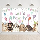 Crefelimas Puppy Happy Birthday Backdrop Let’s Paw-ty Dog Party Decorations Background Pets Birthday Cake Table Photography Copper Grommets Banner