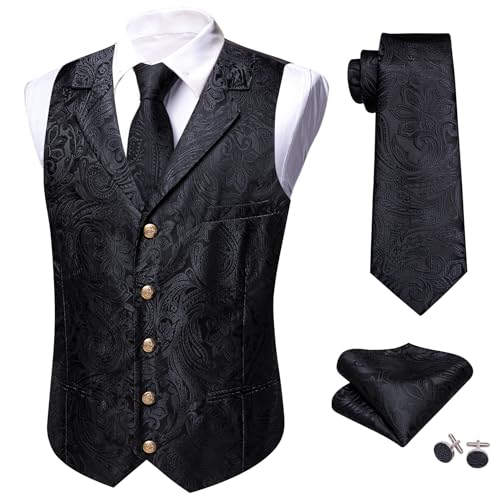 Image of Barry.Wang Mens Silk Lapel /Shawl Collar Vest Tie Sleeve Holder Set Formal /Casual Paisley Vests Wedding Tuxedo Waistcoat