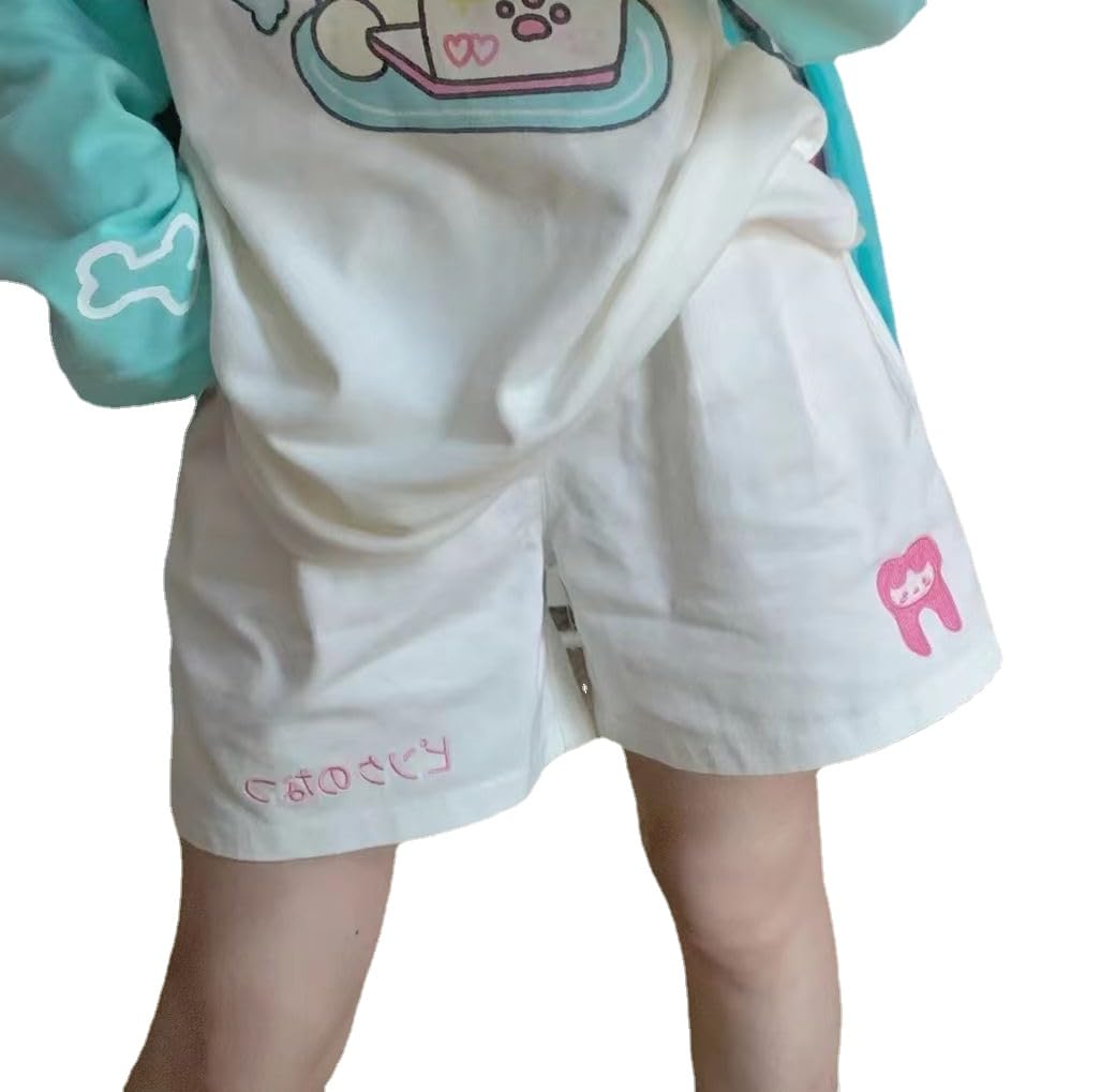 ZITEZHGO Cute Shorts for Teen Girls Kawaii Casual Loose Cotton Shorts Yoga Dance Sleep Short Pants Summer Shorts (White+Pink,M,Women,Female,Adult,US,Alpha,Medium,Regular,Regular)