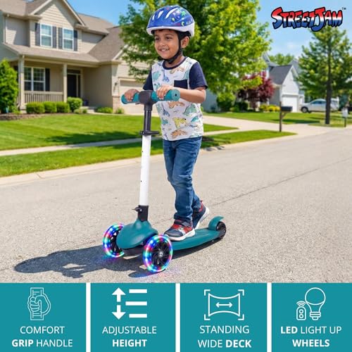 Image of STREETJAM Zoltra LED Wheel Kids Kick Scooter 3-12 Years, LED Light Wheels, BIS Approved, Lean-to-Steer, Extra Wide Deck, Vibrant Two-Tone Design, Up to 50 kg Load (Turkish Green with Ivory White)