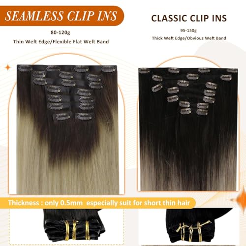 Image of Full Shine Seamless Clip in Hair Extensions Human Hair, Ombre Dark Brown to Ash Blonde and Platinum Blonde, Invisible PU Weft, Remy for Women, 16 Inch 120g 8 Pcs