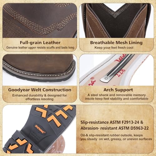 Showave Steel Toe Cowboy Boots for Men Western Square Toe Work Boot Full-grain Leather Safety Boots with Hazard Protection for Construction Manufacture Farming3