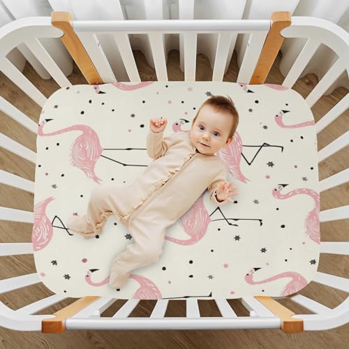 Image of Summer Pink Flamingo Crib Sheets Stretchy Portable Sheets for Baby Toddler Breathable Soft Crib Mattress Sheet for Girls Boys