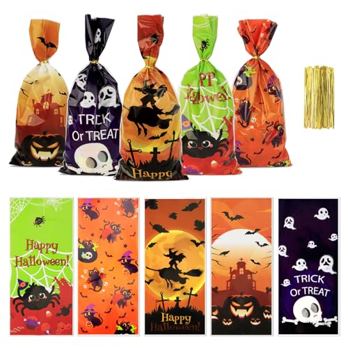 Halloween Treat Bags Halloween Cellophane Treat Bags 50 PCS Halloweens Candy Bag Plastic Cello Cookie Goodies Gift Bag with 50pcs Ties for Halloweens Trick or Treat Party Favors Supplies 4 Style