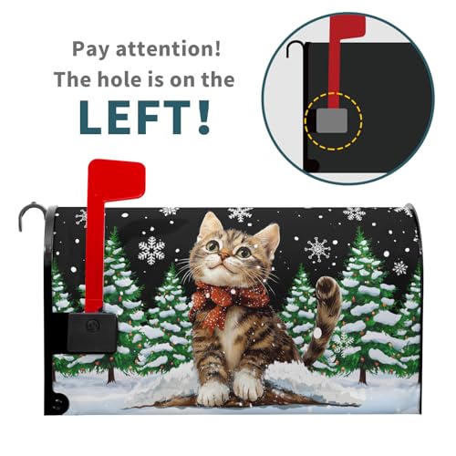 Image of Hello Winter Cat Mailbox Cover Magnetic Standard Size 21 inchx18 inch Merry Christmas Tree Mailbox Wrap Decorative Black Post Letter Box Cover for Courtyard Garden Decor