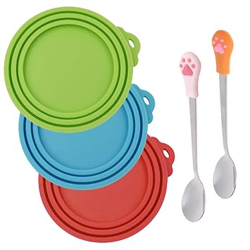 SENHAI 3 Pcs Silicone Pet Can Covers & 2 Pcs Pet Spoons, Canned Food Lid and Spoon for Dog and Cat, One Meet Three Sizes - Red Green, Light Blue