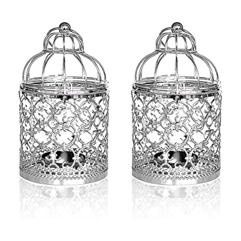 Redreo 2pcs Candle Holder Metal Bird Cage Candle Holder Hollow Out Iron Vintage Carving Hanging Candle Holder for Patio Indoor Outdoor Events Parties Weddings (Silver) Cover