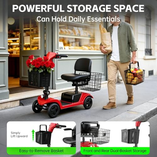 Image of Mobility Scooter,Removable Battery,Suitable for All Terrains-Red | 28 Miles Travel,300 lbs Capacity,Quick-Assembly, Features Rotating Seat,300W Motor,Dual Baskets and Rear Tail Lights