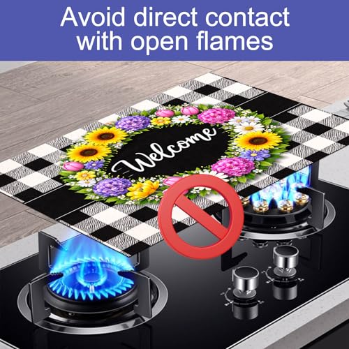 Image of HOMETITUTE Spring Stove Top Covers for Electric Stove 28x20 Inches Welcome Floral Ring Buffalo Plaid Glass Cooktop Protector Pad Decorative Stovetop Cover Dish Drying Mats for Kitchen Decor