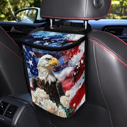 Image of Talayituse Eagle Rose American Flag Print Car Trash Can Portable Auto Garbage Bin Paint Splatter Multifunctional Vehicle Interior Accessories with Adjustable Straps Universal Fit Truck SUV Sedan