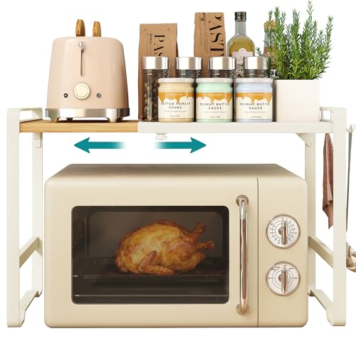 SONGMICS Erweiterbares Mikrowellen Regal, Mikrowellenständer, 41,5-64 cm verstellbare Breite, Küchenregal für Arbeitsplatte, Stahl und Bambus, 4 Haken, cremeweiß-naturbeige KCS060W01