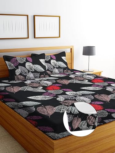 Image of DECORUM Glace Cotton Fitted 1 Bedsheet King Size (72 inchx78 inch) | All Around Elastic | Cotton Feel | 2 Pillow Covers (17 inchx27 inch) | Fits Up to 8 inch Mattress | 200-220 TC | Printed Double Bed Sheet Set