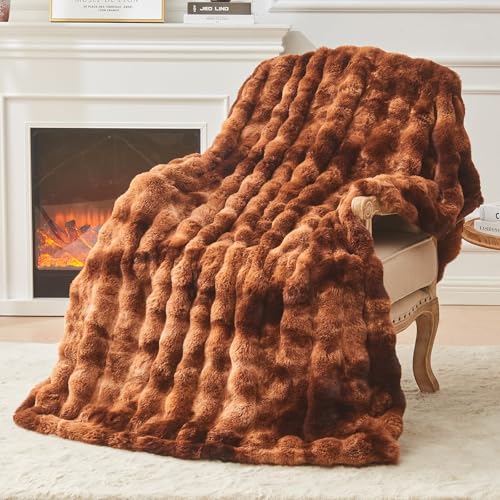 Image of EMME Faux Fur Blanket King Size Tie Dye Dark Brown - Big Bubble Rabbit Cozy Blanket for Couch, Thick Furry Plush Shaggy Blankets, 650GSM, 108x90 Inches