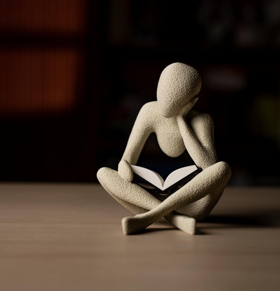 Image of Abstract Reading Human Figurine, White PLA, Modern Minimalist Sculpture for Bookshelf, Office Desk and Study Room Decor