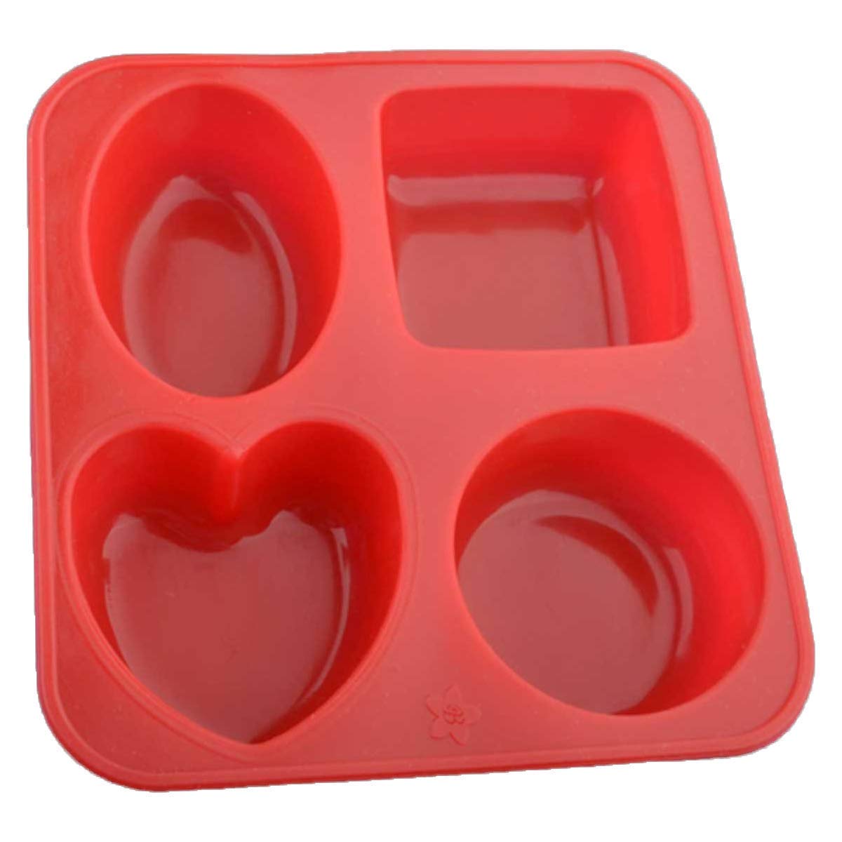 Ality Silicone 4-Cavity Cake and Soap Mould Circle Square Oval and Heart Shape Muffin & Cupcake Mould Baking Tray (Red)