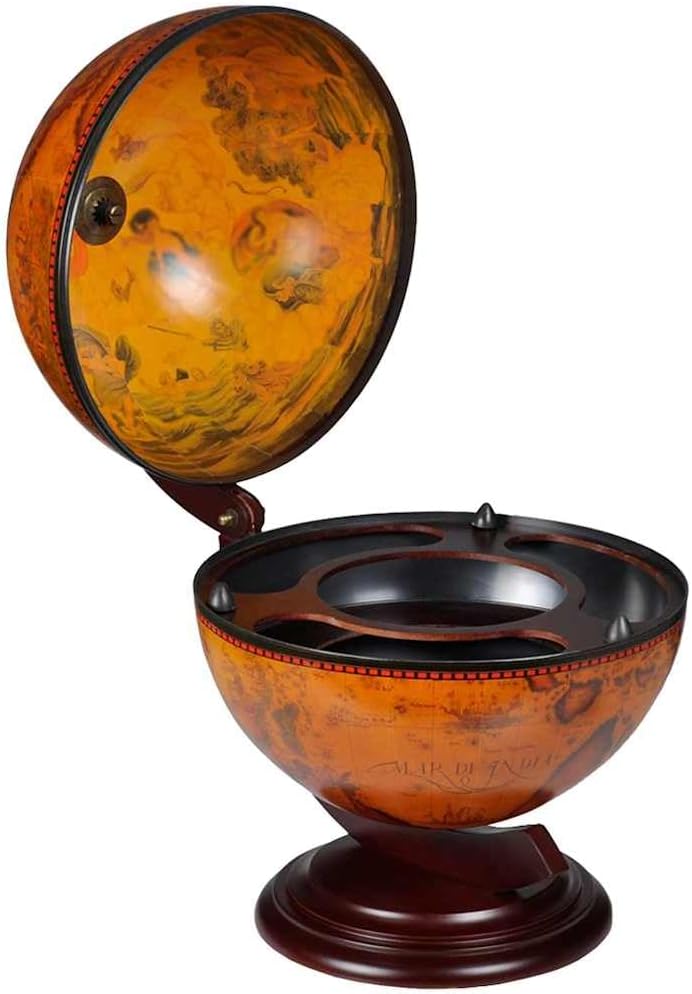 vidaXL Eucalyptus Wood Wine Stand - Rotatable Tabletop Globe Bar with 16th Century Nautical Maps & Antique Frescoes - Brown Farmhouse Style for Home/Office